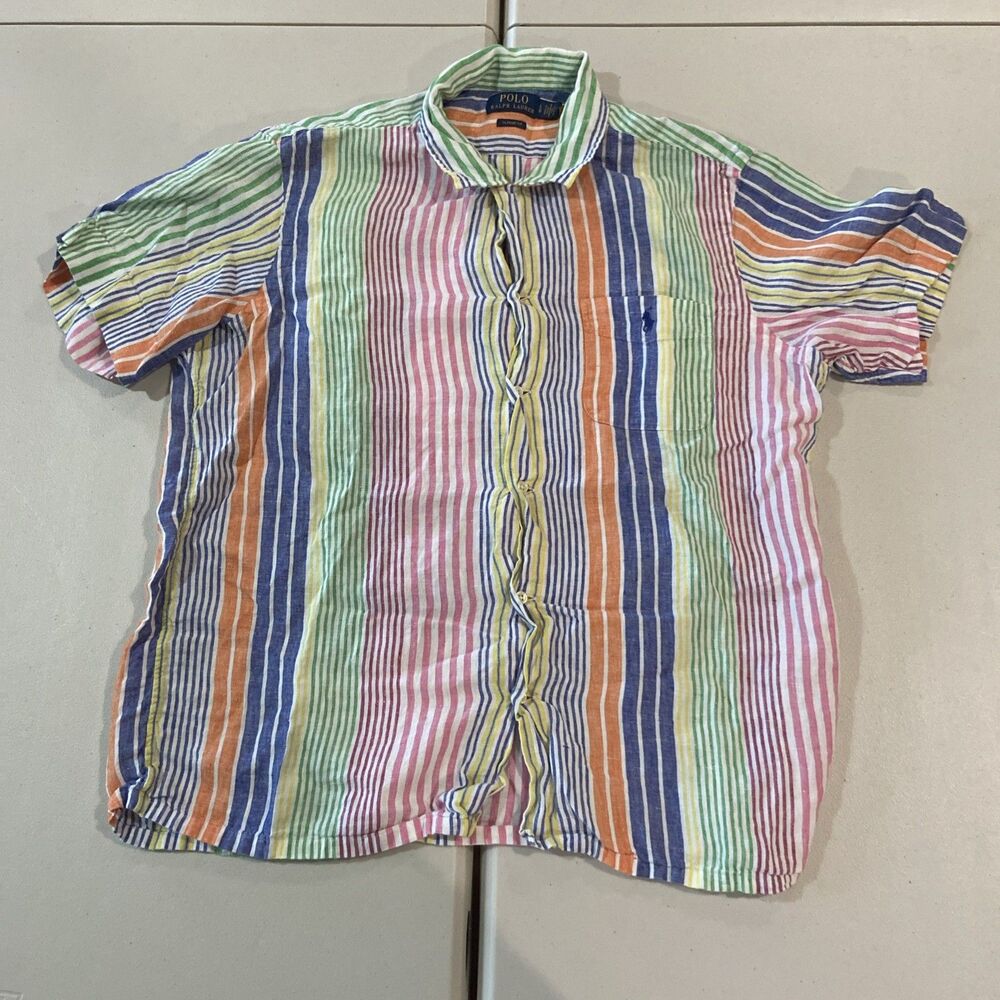 Polo Ralph Lauren Classic Fit Mulicolor Plaid Linen-Cotton Shirt Loop Collar L